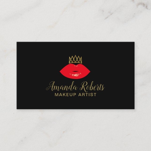 Makeup Artist Red Lips & Gold Crown Fashion Business Card (Front)
