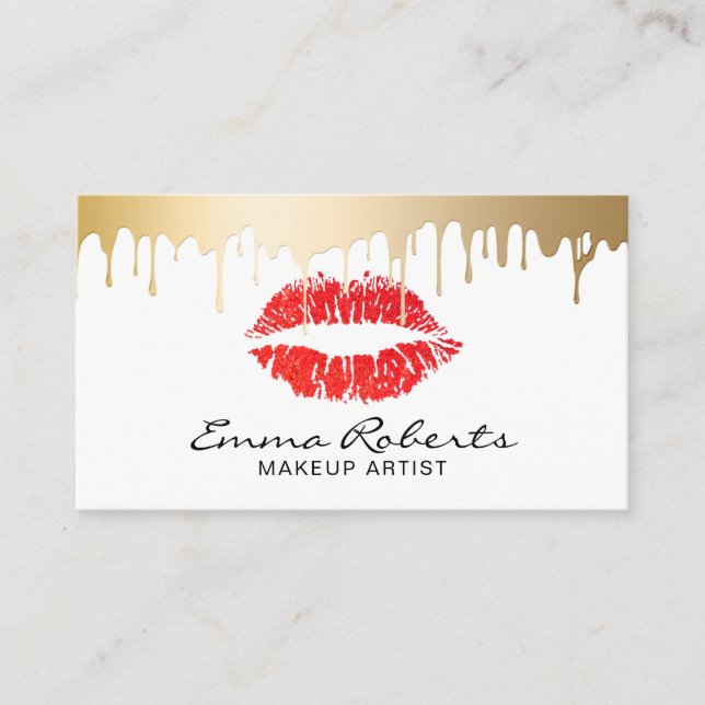 Makeup Artist Red Lips Gold Drips Modern Salon Business Card (Front)