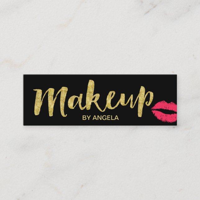 Makeup Artist Red Lips Gold Script Mini Mini Business Card (Front)