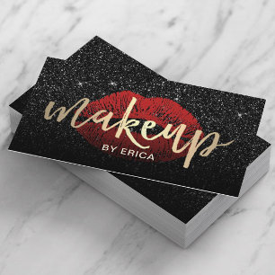 Makeup Artist Red Lips Gold Typograpy Dark Glitter Business Card