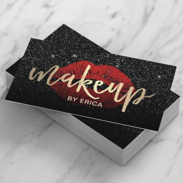 Makeup Artist Red Lips Gold Typograpy Dark Glitter Business Card (Creator Uploaded)