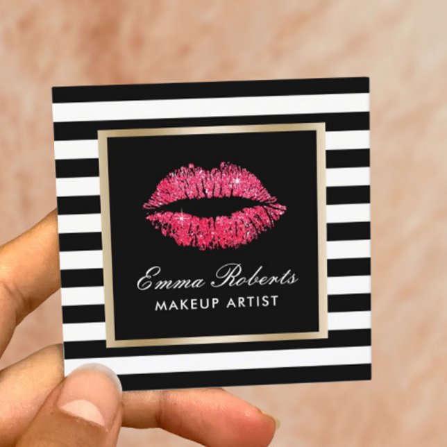 Makeup Artist Red Lips Modern Black Stripes Square Business Card (Creator Uploaded)