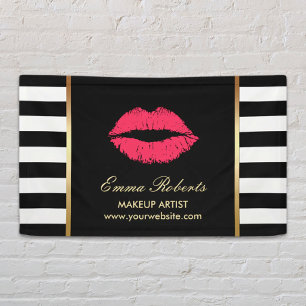 Makeup Artist Red Lips Modern Black White Stripes Banner