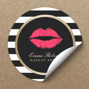 Makeup Artist Red Lips Modern Black White Stripes Classic Round Sticker