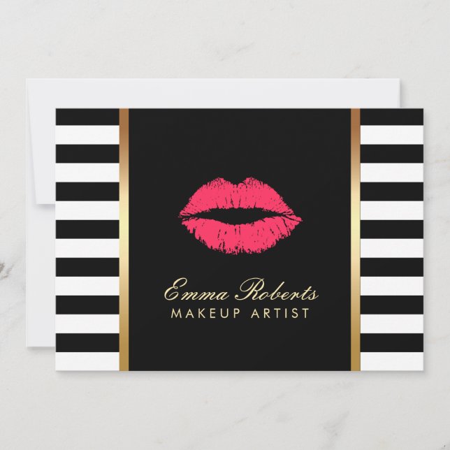 Makeup Artist Red Lips Modern Black White Stripes Invitation (Front)