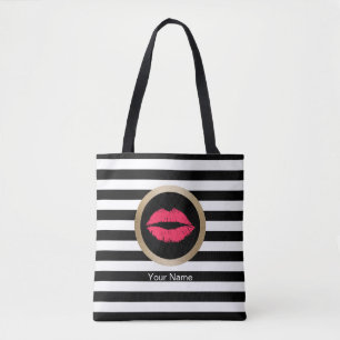 Makeup Artist Red Lips Modern Black White Stripes Tote Bag