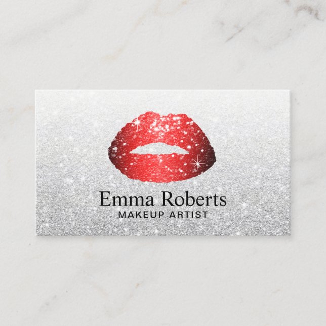Makeup Artist Red Lips Modern Silver Appointment Card (Front)