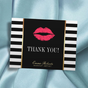 Makeup Artist Red Lips Modern Stripes Thank You Postcard