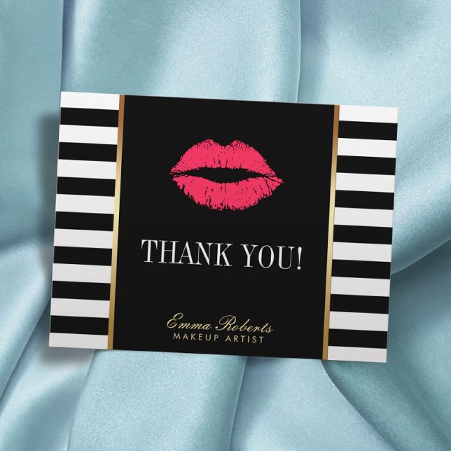 Makeup Artist Red Lips Modern Stripes Thank You Postcard (Creator Uploaded)