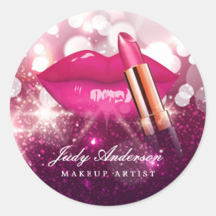 Makeup Artist Red Lips Pink Glitter Sparkling Classic Round Sticker