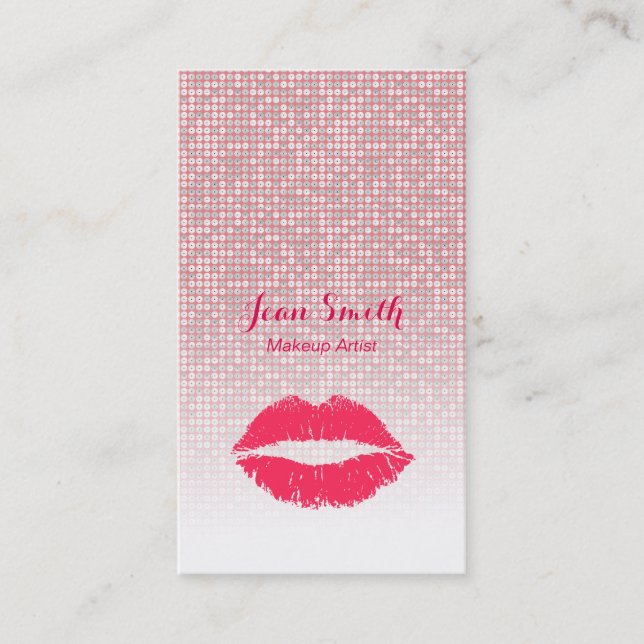 Makeup Artist Red Lips Pink Silver Glitter Business Card (Front)