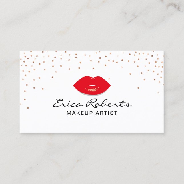 Makeup Artist Red Lips Rose Gold Confetti Beauty Business Card (Front)