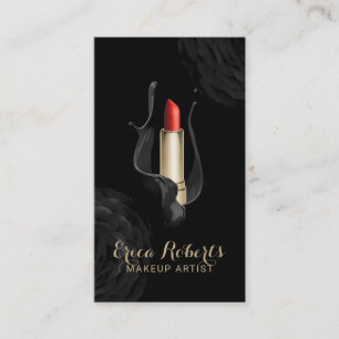 Makeup Artist Red Lipstick Modern Black Floral Business Card