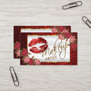 Makeup Artist - Red Rose Glitter Lip Design Business Card