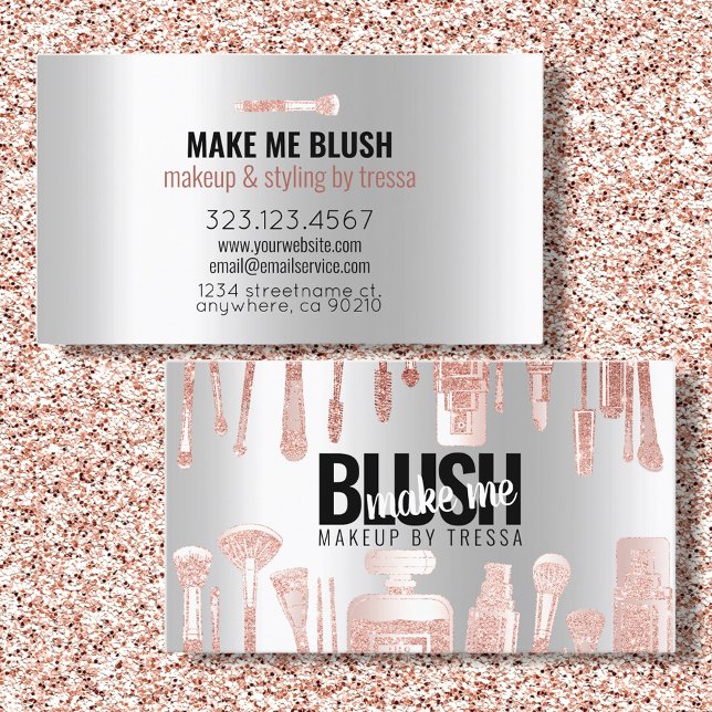 Makeup Artist Rose Glitter + Metallic Platinum Ice Business Card (Creator Uploaded)