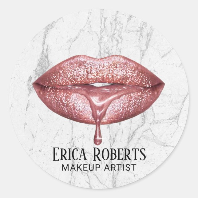 Makeup Artist Rose Gold Drip Lips White Marble Classic Round Sticker (Front)