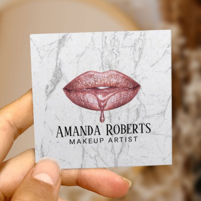 Makeup Artist Rose Gold Dripping Lips Marble Square Business Card (Creator Uploaded)