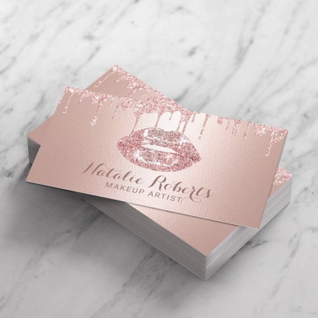 Makeup Artist Rose Gold Drips Chic Lips Salon Business Card (Creator Uploaded)