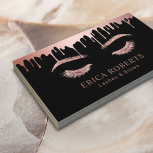 Makeup Artist Rose Gold Drips Lashes & Brows Black Business Card
