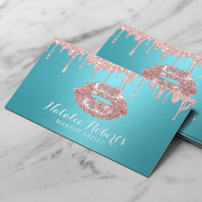 Makeup Artist Rose Gold Drips Lips Turquoise Salon Business Card (Creator Uploaded)