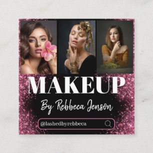 Makeup Artist Rose Gold Glitter 3 Photo Square Business Card