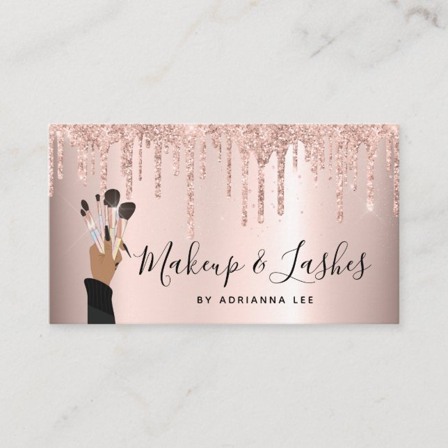 Makeup Artist Rose Gold Glitter Drip Beauty Salon Business Card (Front)