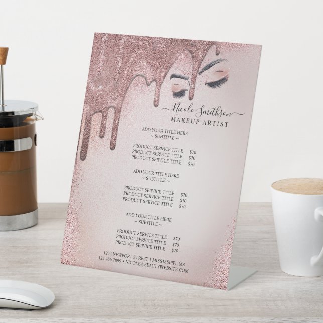 Makeup Artist Rose Gold Glitter Glam Service List  Pedestal Sign (In SItu)