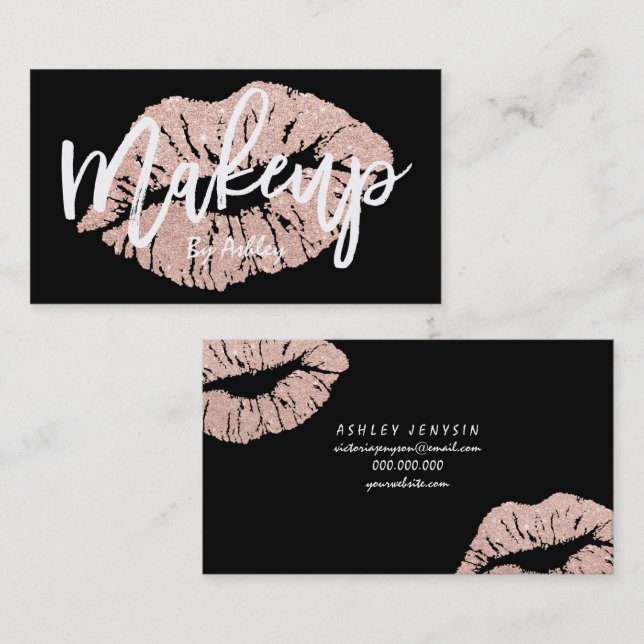 Makeup artist rose gold glitter lips typography business card (Front/Back)