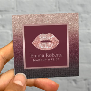 Makeup Artist Rose Gold Lips Burgundy Red Glitter Square Business Card