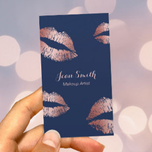 Makeup Artist Rose Gold Lips Elegant Navy Blue Business Card