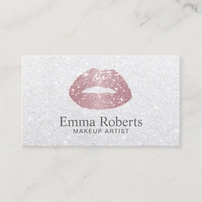 Makeup Artist Rose Gold Lips Elegant White Glitter Business Card (Front)