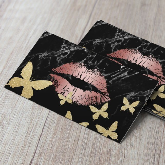 Makeup Artist Rose Gold Lips & Gold Butterflies Business Card (Creator Uploaded)