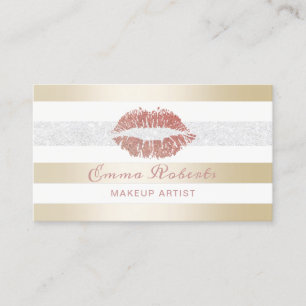 Makeup Artist Rose Gold Lips Modern Gold Stripes Business Card