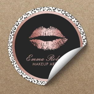 Makeup Artist Rose Gold Lips Modern Leopard Print Classic Round Sticker