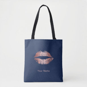 Makeup Artist Rose Gold Lips Modern Navy Blue Tote Bag