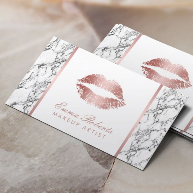 Makeup Artist Rose Gold Lips Modern White Marble Business Card (Creator Uploaded)