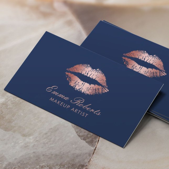Makeup Artist Rose Gold Lips Navy Blue Salon Business Card (Creator Uploaded)