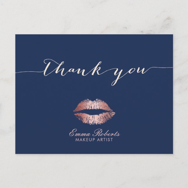 Makeup Artist Rose Gold Lips Navy Blue Thank You Postcard (Front)