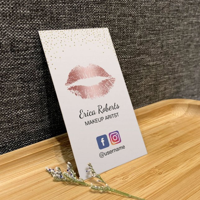 Makeup Artist Rose Gold Lips Salon Social Media Business Card (Creator Uploaded)