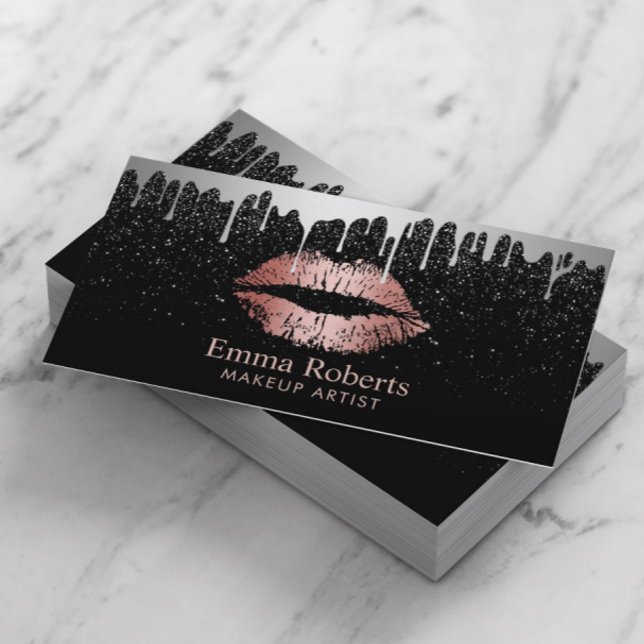 Makeup Artist Rose Gold Lips Trendy Silver Drips Business Card (Creator Uploaded)