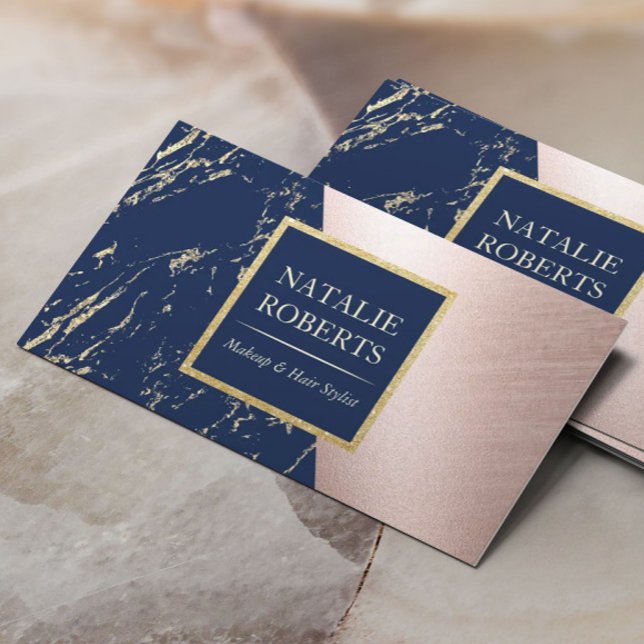Makeup Artist Rose Gold Navy Marble Hair Salon Business Card (Creator Uploaded)