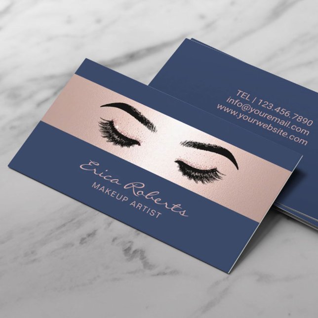 Makeup Artist Rose Gold Stripe Navy Beauty Salon Business Card (Creator Uploaded)