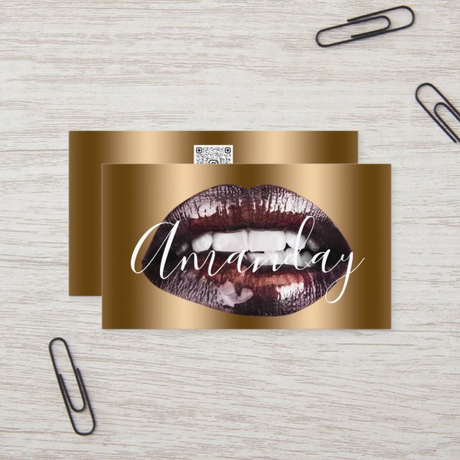 Makeup Artist Rose Honey Lips Logo QR Code  Business Card (Front/Back In Situ)