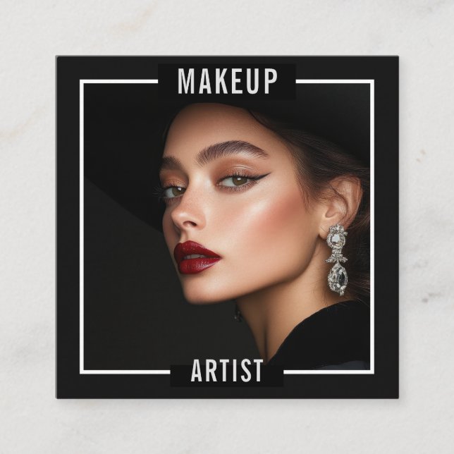 Makeup Artist Salon Elegant Black Luxury Photo  Square Business Card (Front)