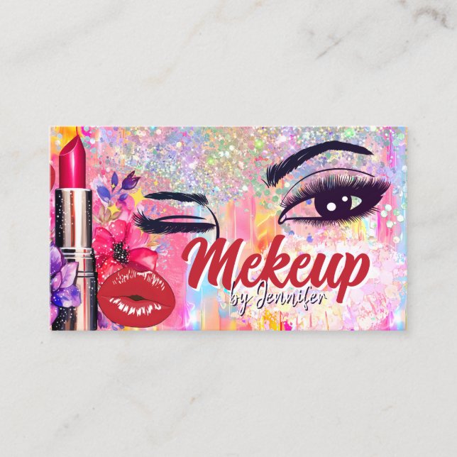 Makeup Artist Salon Holographic Glitter Red Lips Business Card (Front)