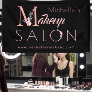 Makeup artist salon name chic floral pink black banner