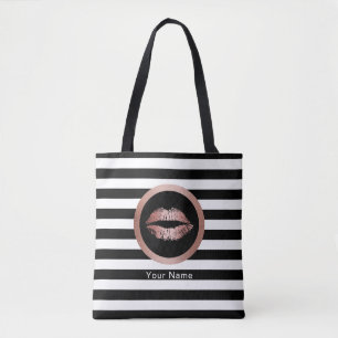 Makeup Artist Salon Rose Gold Lips Modern Stripes Tote Bag