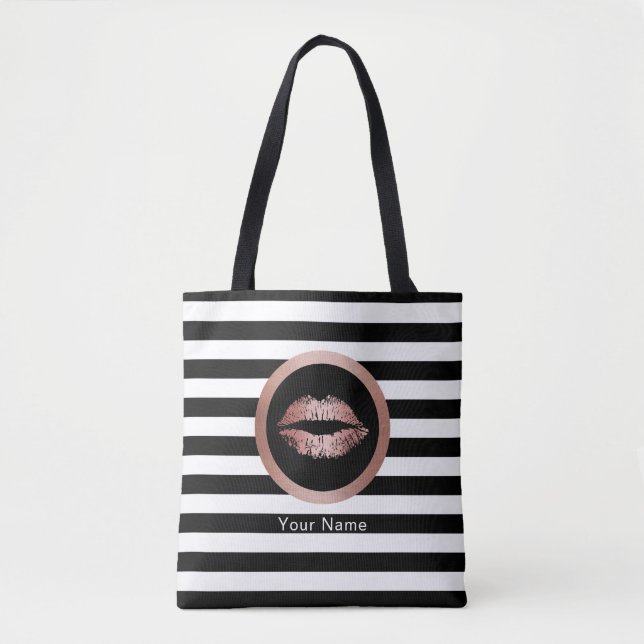 Makeup Artist Salon Rose Gold Lips Modern Stripes Tote Bag (Front)