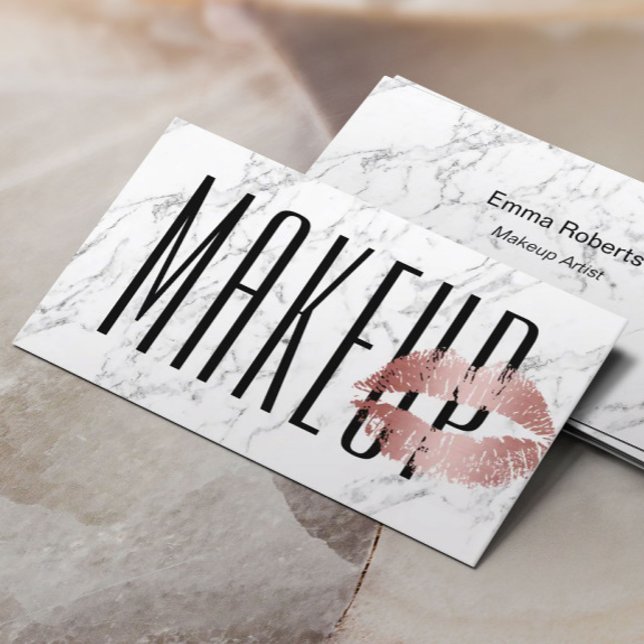 Makeup Artist Salon Rose Gold Lips White Marble Business Card (Creator Uploaded)