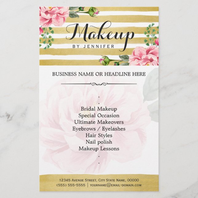 Makeup Artist Salon Watercolor Floral Gold Striped Flyer (Front)